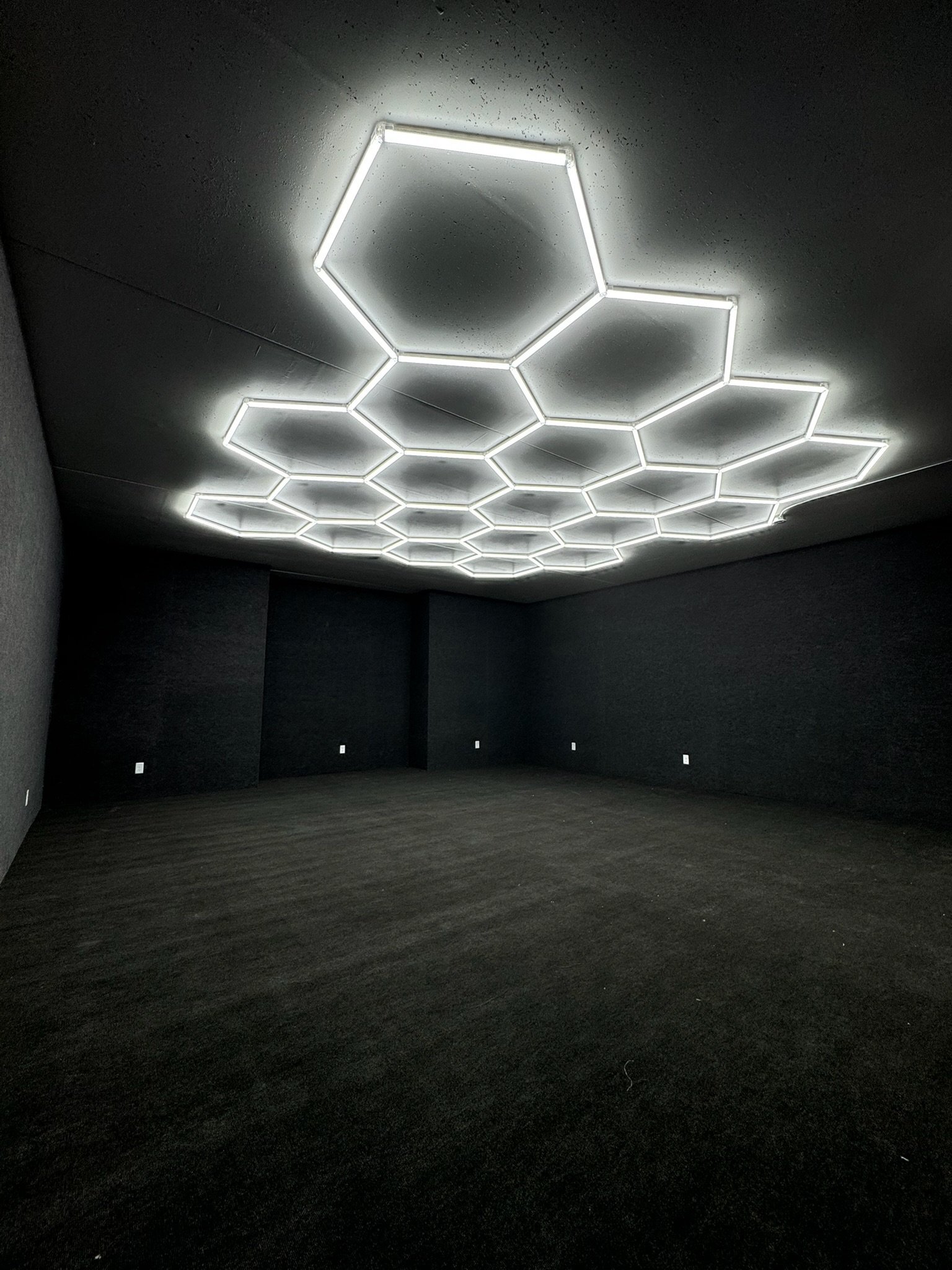Dramatic dark basement with large custom hex LED ceiling